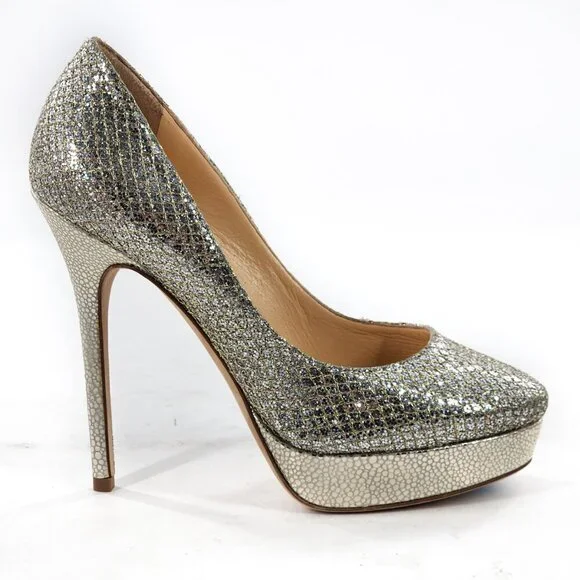 JIMMY CHOO NEW $695 Alex Silver Gold Metallic Leather Platform Pump - Picture 7 of 10